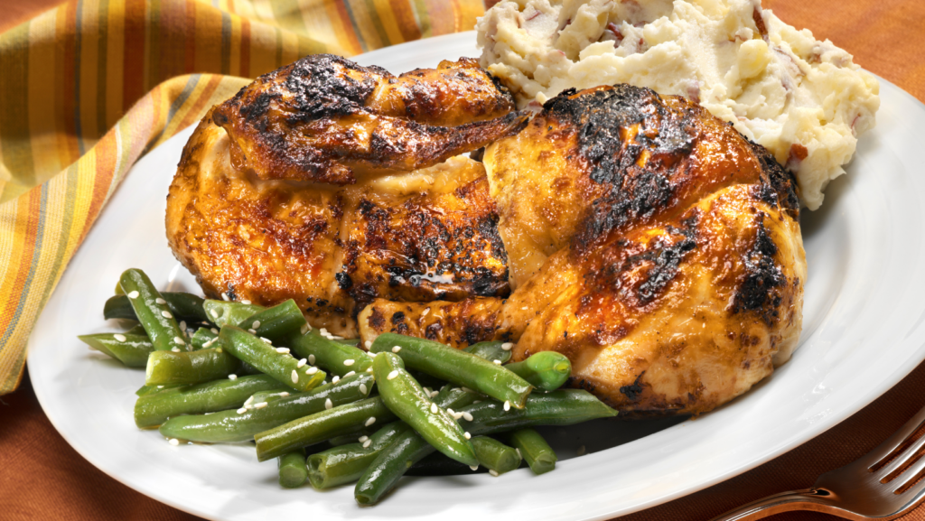 frugal dinners - roast chicken mashed potatoes and green beans